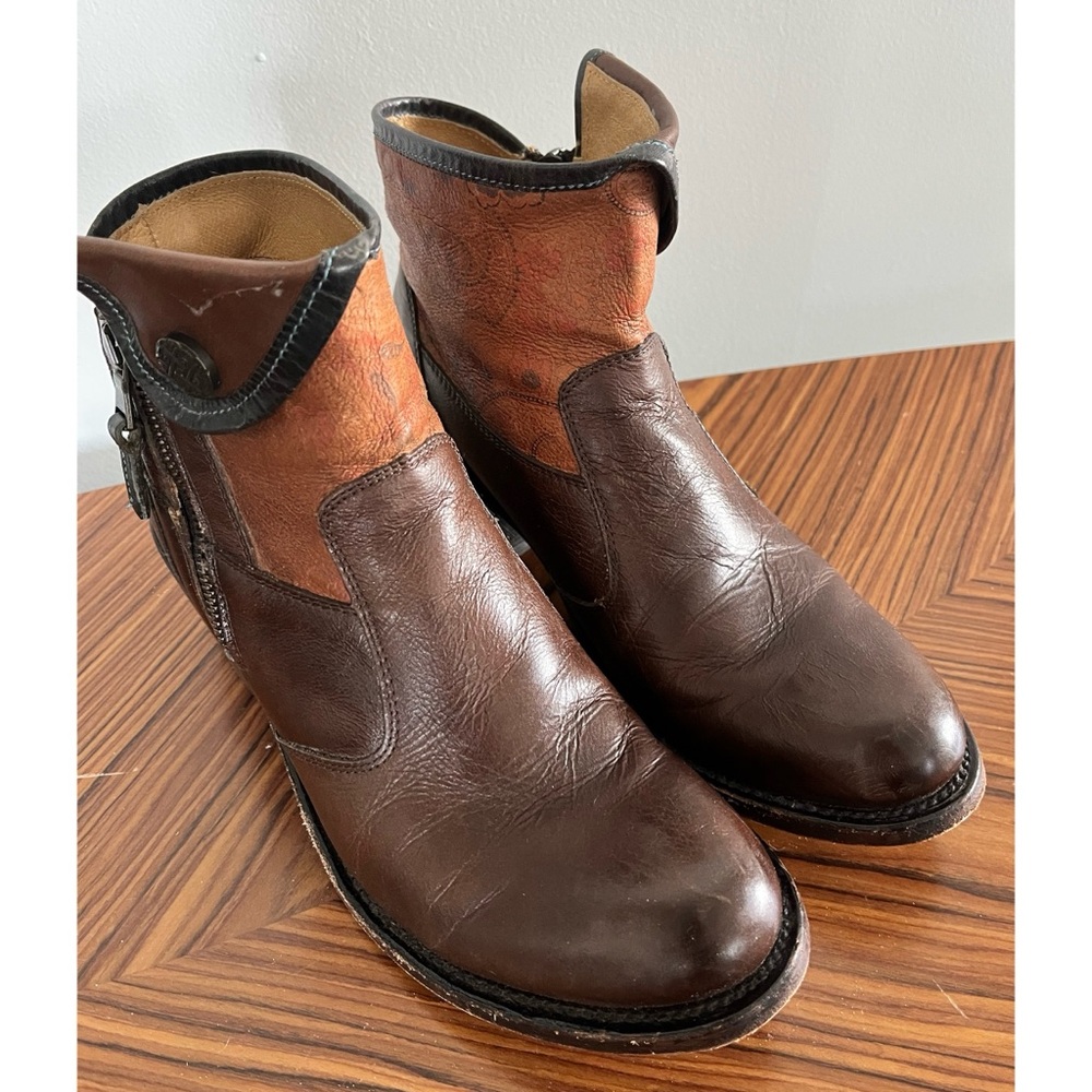 J.B. Dillon Western Cowboy 2 Tone Brown Leather Ankle Boots with Side Zip 7 1/2 - Picture 13 of 17